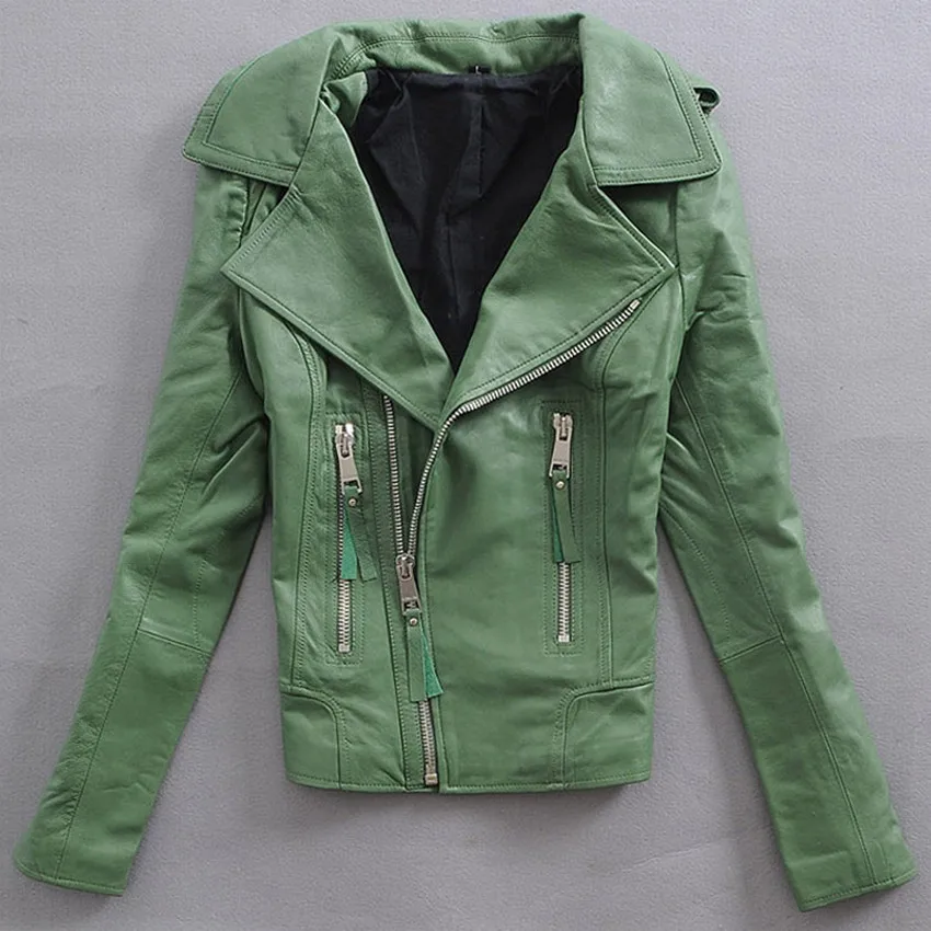 Женская кожаная приталенная мотоциклетная куртка из натуральной овчины