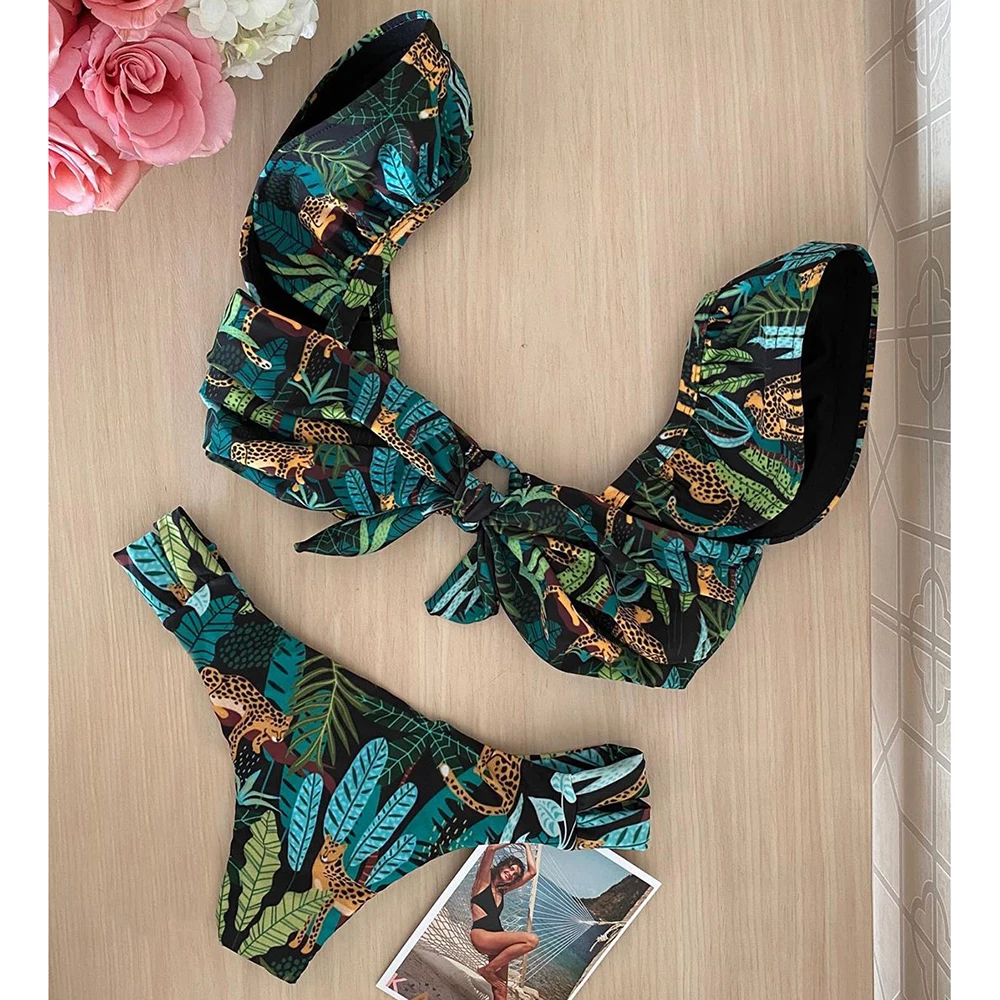 2021 New Sexy Bikinis Women High Waist Swimsuit Push Up Swimwear Flower Print Ruffle Bikini Set Beach Wear Bathing Suit