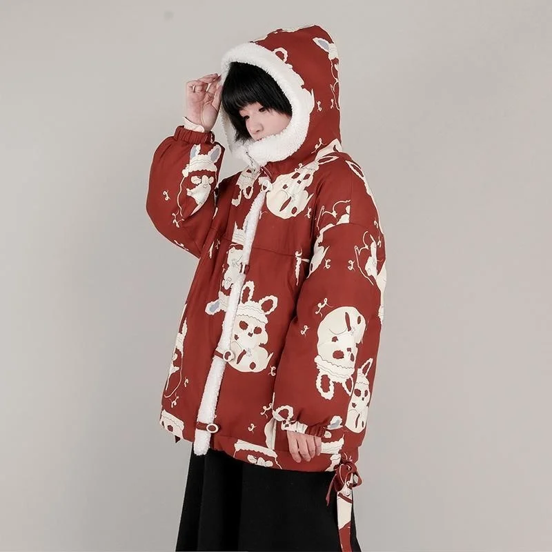 

2021 New Japanese Kawaii Coat Christmas High School Teens Rabbit Printed Jacket Winter Warm Red Hooded Coat Female New Year