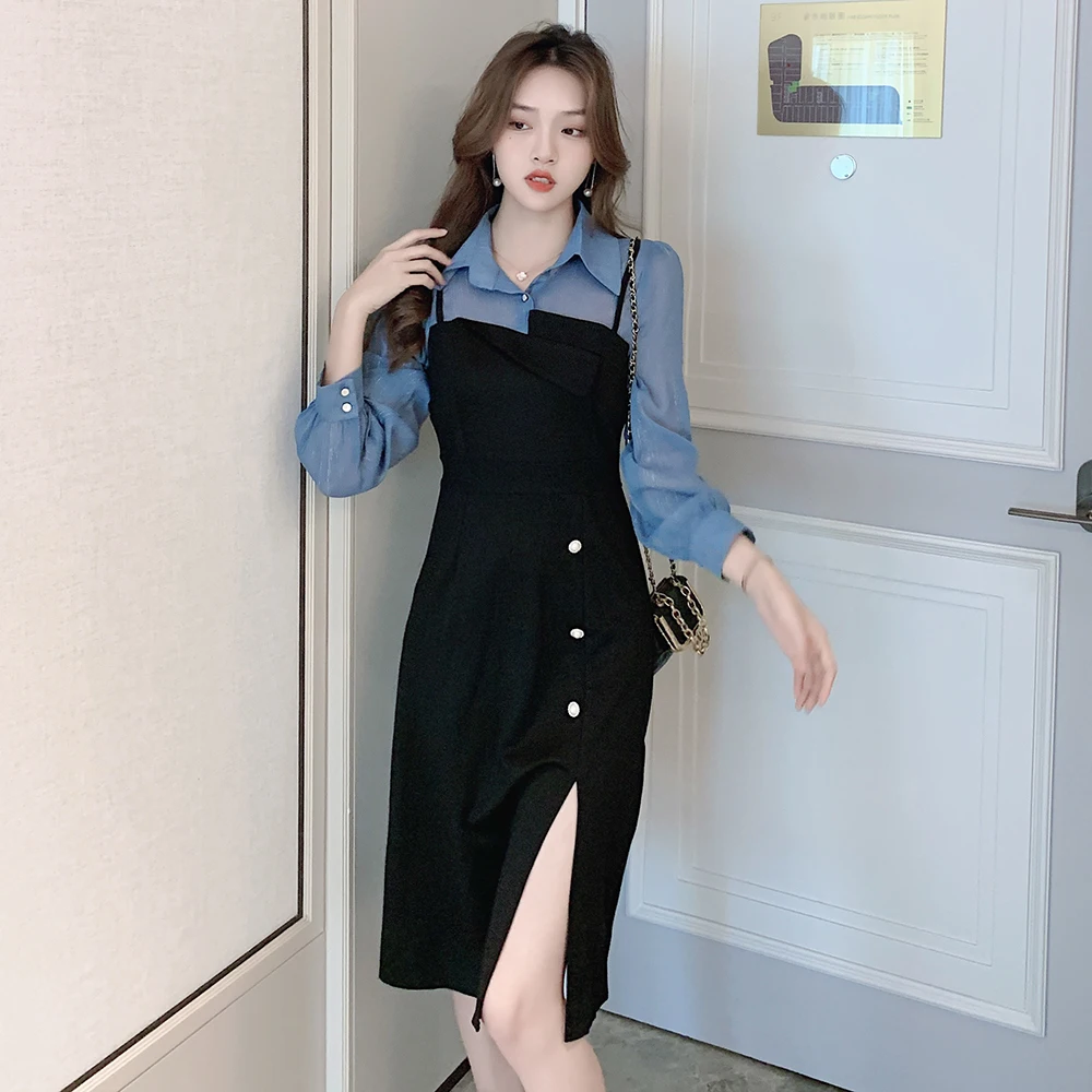 

New Elegant Party Dress Lapel Shirt Stitching Fake Two-Piece Sling Split Mid-Length Dress Autumn New Formal Dress