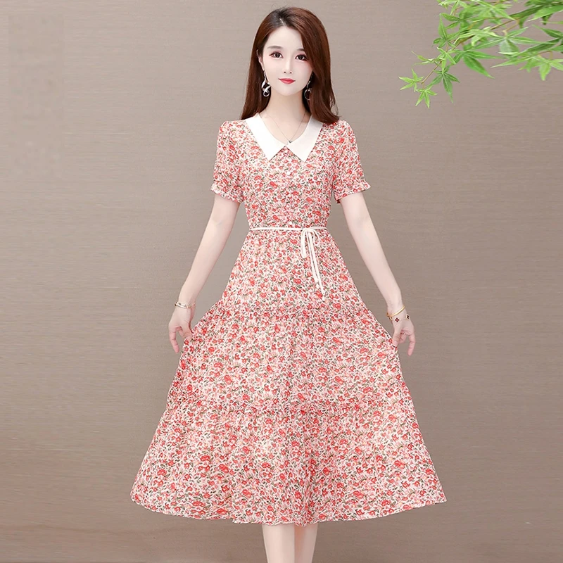 

Floral Chiffon Women's Dress Female Summer Short-Sleeved New Doll Collar Reduction Dress High-Waist A-Line Ladies Vestidos