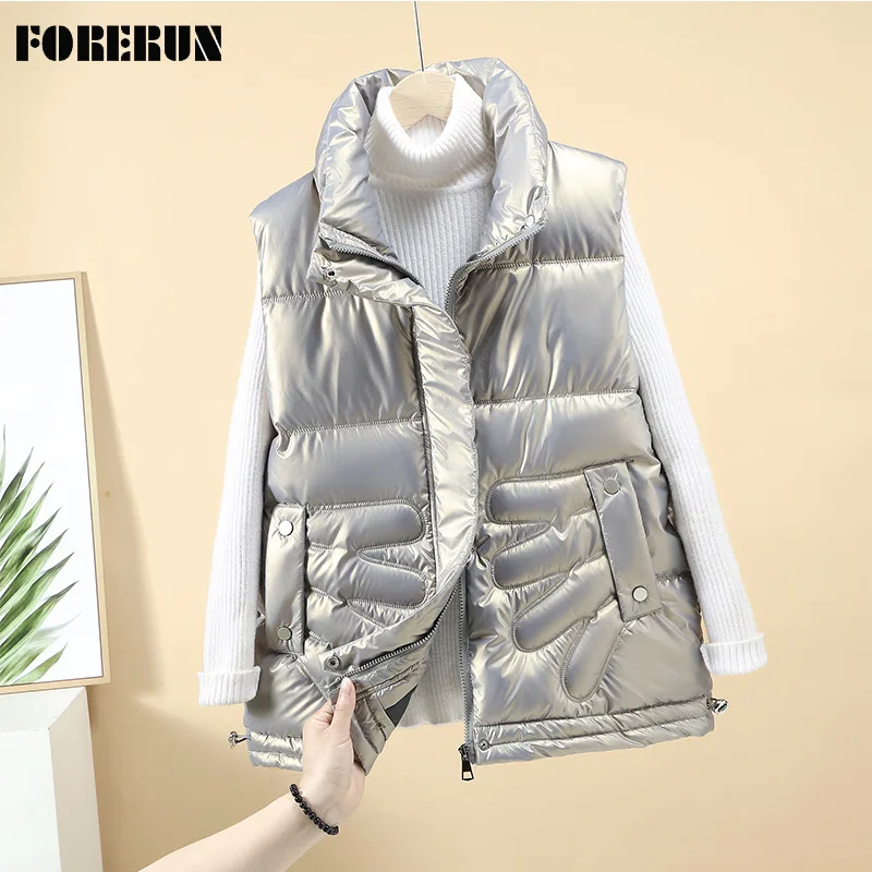 

FORERUN женский жилет, однотонный Блестящий стеганый жилет с воротником-стойкой и карманами, с хлопковой подкладкой, Doudoune Sans Manche Femme