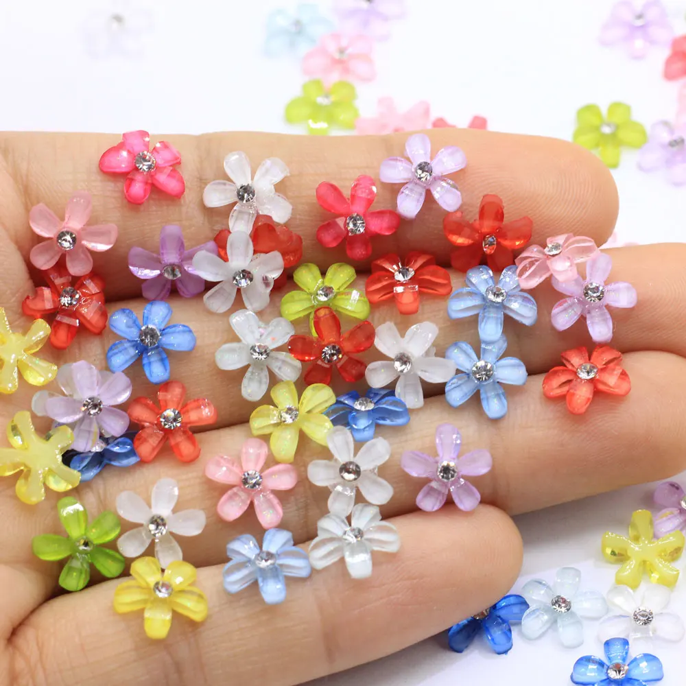 

Colorful 10mm Cute Resin Flower With Rhinestone Flatback Cabochon For DIY Jewelry Phone Nail Art Decoration Craft