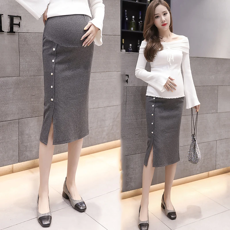 2019 осенние модные юбки для беременных талии живота эластичная длинные сторона