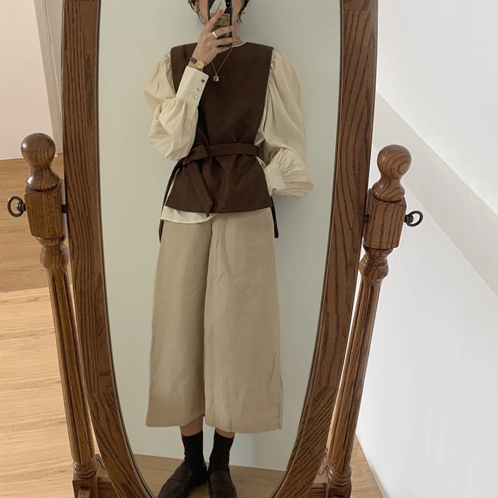 Autumn Winter 2 Two Piece Suit Elegant Outfits Long Sleeve O-neck Loose Blouses Femme and Tank Solid Tops Mujer Korean | Женская одежда