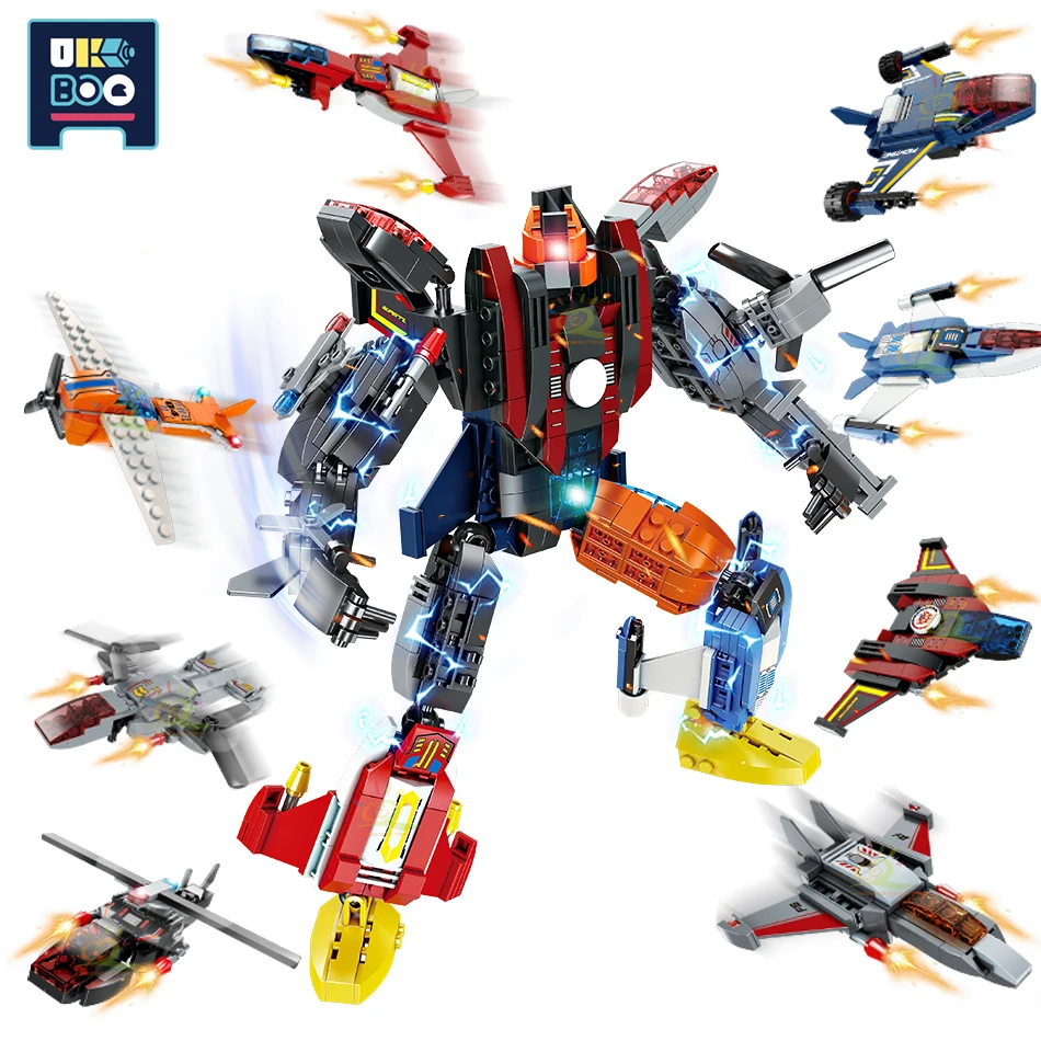 

749PCS 8IN1 WW2 Military Mecha Building Blocks City Robot Vehicle Airplane Weapon Aircraft Fighter Bricks Toys For Children Boys
