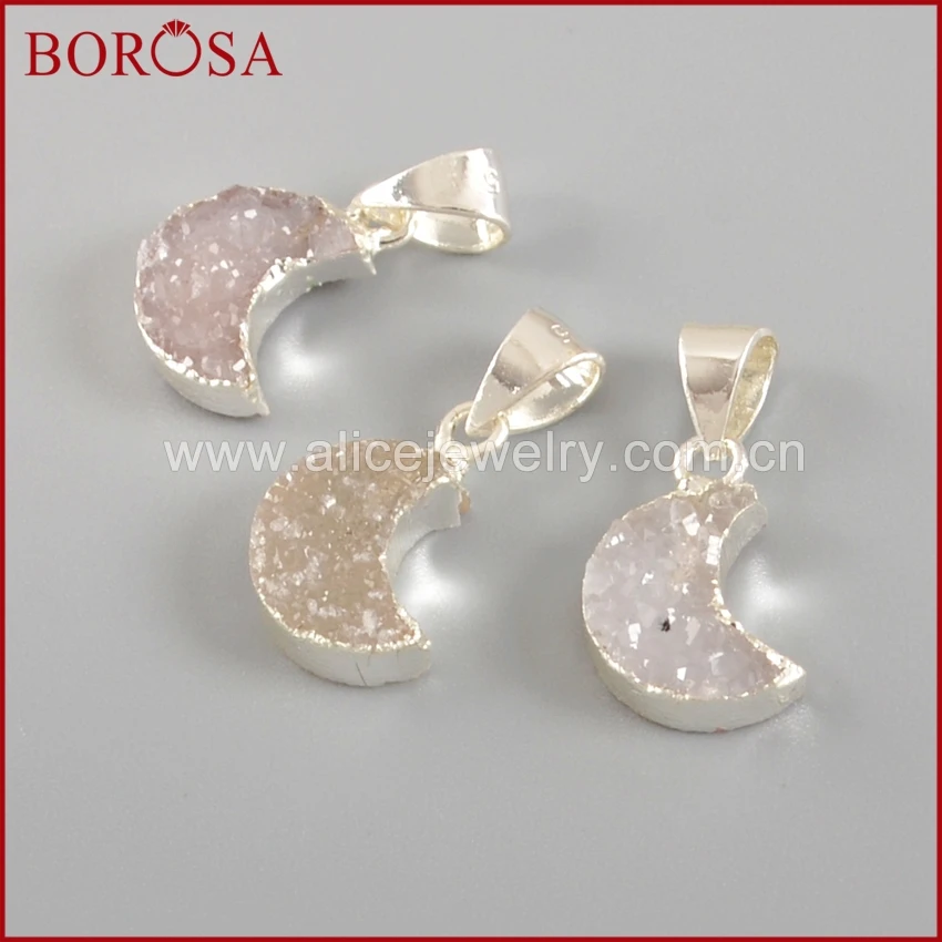 

BOROSA Crescent Moon Natural White Quartz Druzy Charms in Silver Plated Agates Drusy Pendant for Women Necklace Jewelry SS120