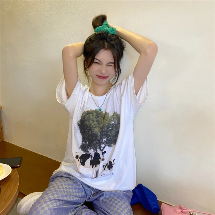 

Summer loose lazy wind cow print short-sleeved white T-shirt