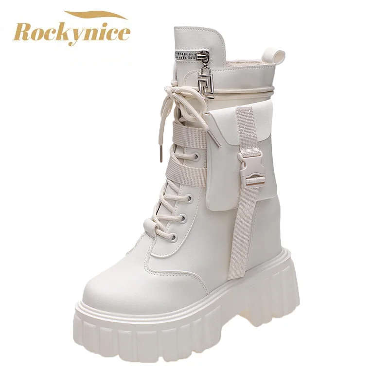 Winter Warm Ankle Boots for Women Leather Short Boots Round Toe High Platform Fur Motorcycle Boots Thick Heel Sneakers Shoe 10cm