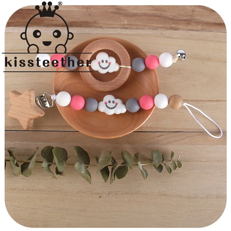 

Kissteether 1set Baby Pacifier Chain+Beech Wood Ring Silicone Cloud Beads Teether Set Infant Nipple Clip Soother Molar Toys Gift