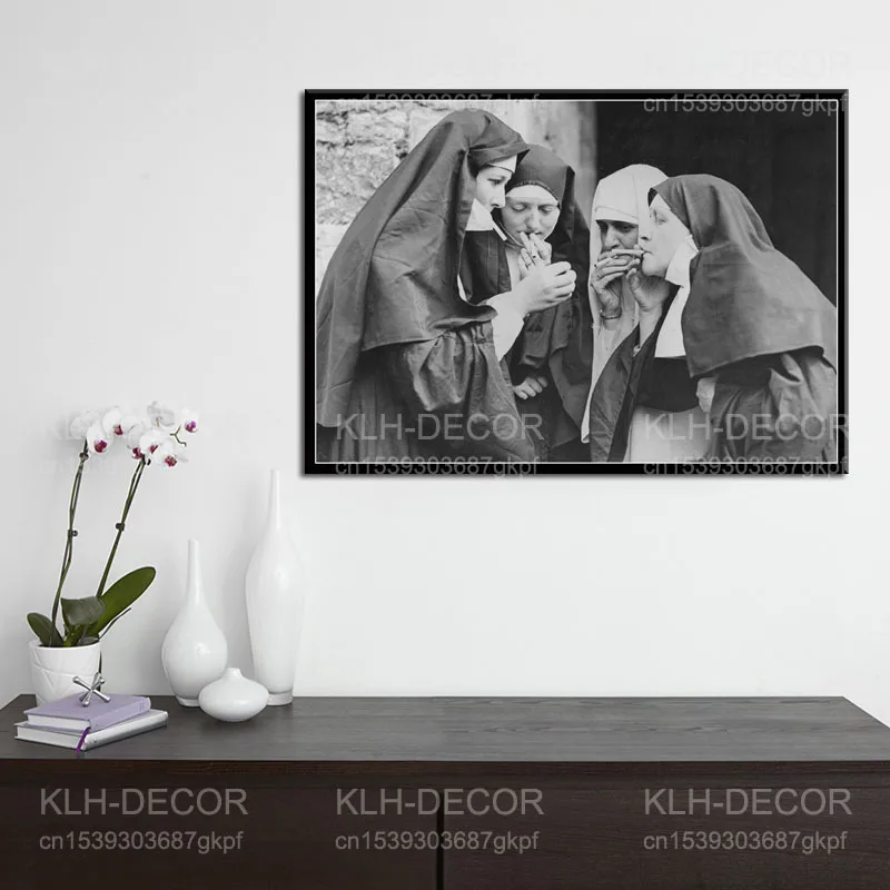 S041 Smoking Nuns Vintage Photo Black and White Cigarette Funny Photography Art Posters And Prints Wall Pictures For Living Room |