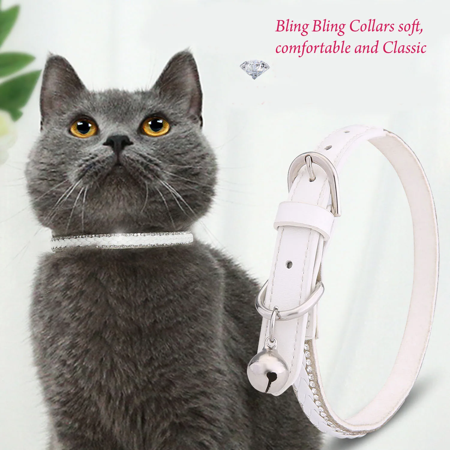 

New Pet Cats and Dogs with Bells White Crystal Collar Rhinestone Jewelry Adjustable Collar Puppy Kitten Necklace Accessories
