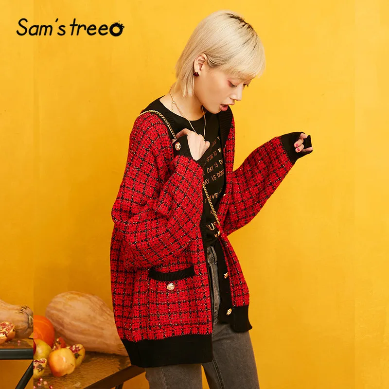SAM'S TREE клетчатый кардиган на пуговицах с графикой, свитер для женщин, зима, вязанные повседневные офисные женские Топы с длинным рукавом