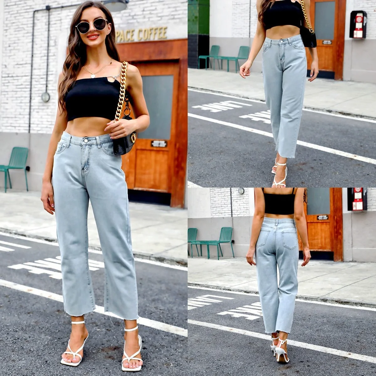 

2021 Autumn and Winter New Fashion High Street Light Color Jeans 9 Minutes Pants Plus Size Baggy Straight Leg Jeans Women