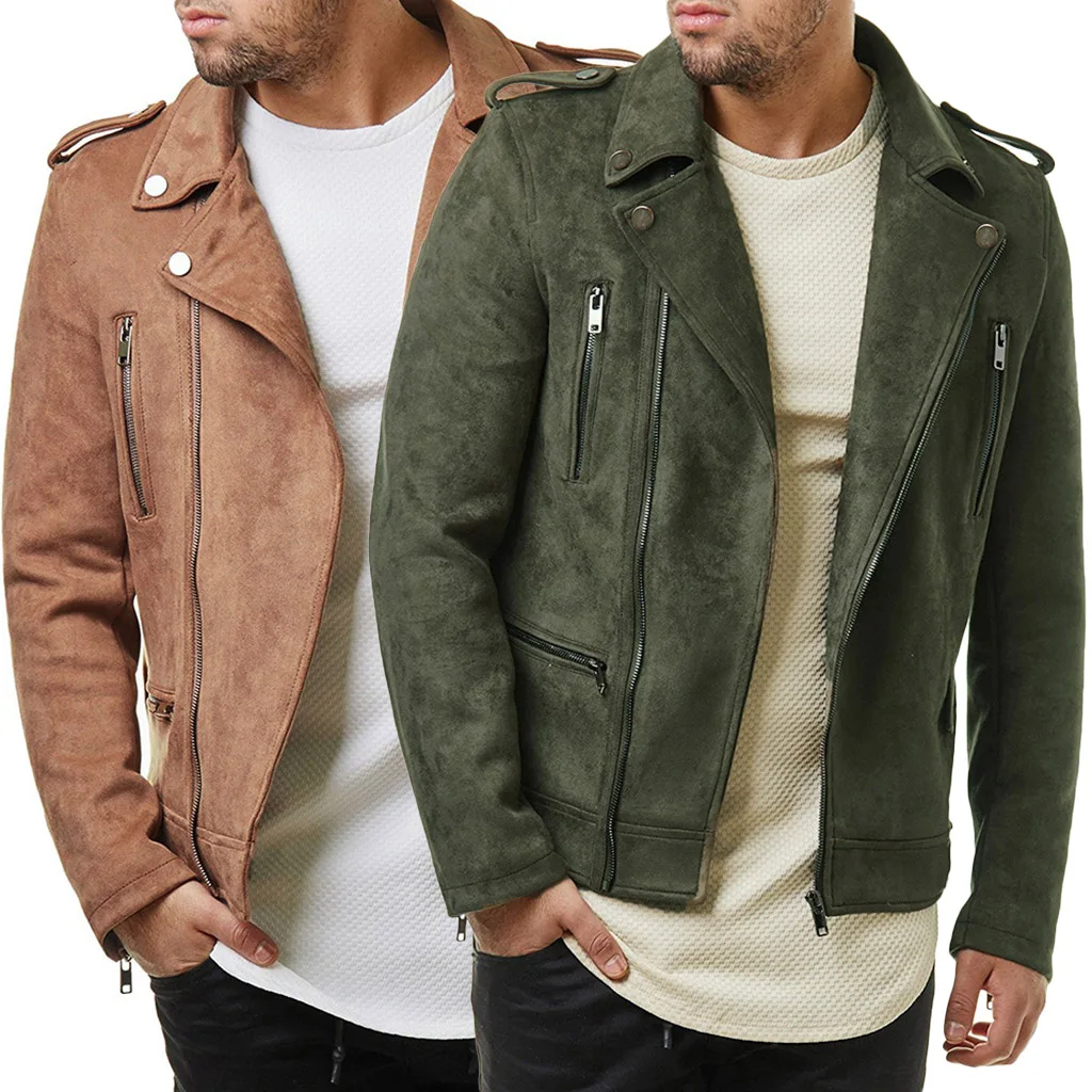 

Autumn and winter new men's large lapel leather jacket short diagonal zipper suede jacket