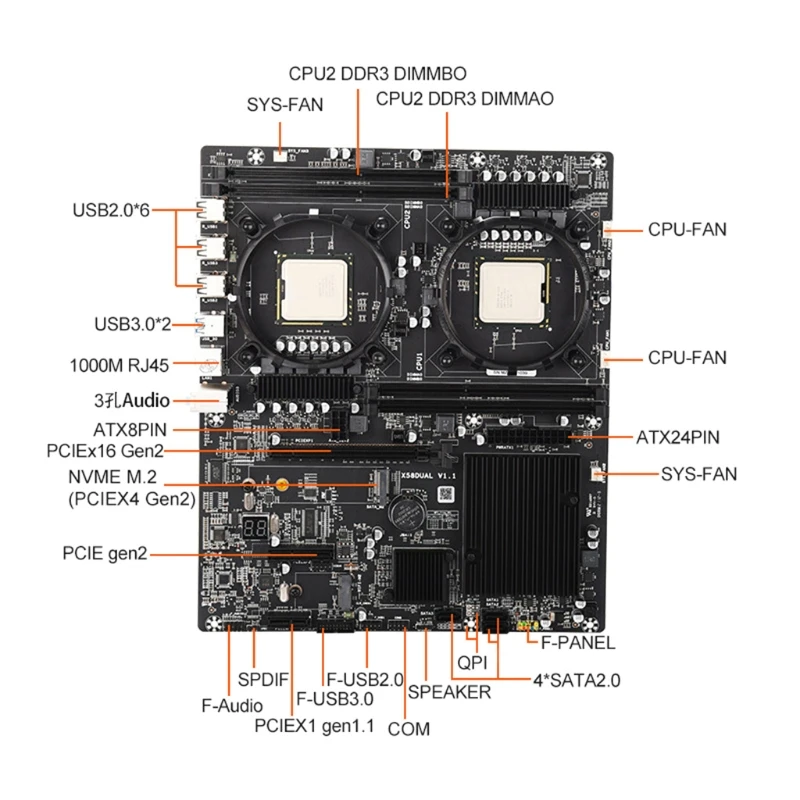 

F19E X58 Dual V1.0 материнская плата для настольного компьютера ЦП NVME M.2 интерфейс DDR3 * 4 Слот для памяти Поддержка DDR3 SATA2 .0*4 128G