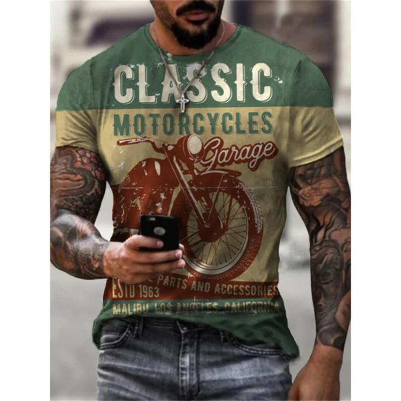 

Summer New Men's T-Shirt Fashion Short Sleeve Retro 3d Printed Motorcycle Streetwear Slim Round Neck Plus Size Men's Sweatshirt