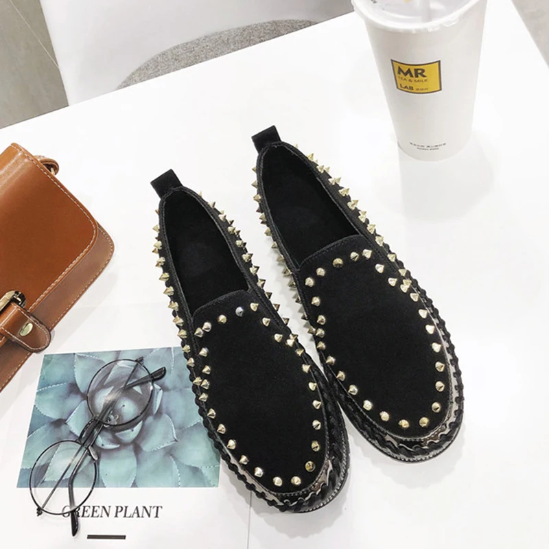 

Handmade Sewing Muffins Platform Flats Flock Rivets Crystal Anti-skid Bottom Moccasins Casual Patchwork Slip On Fisherman Shoes