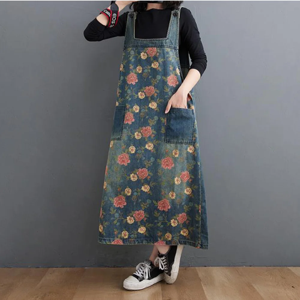 

Women Denim Dresses vintage Casual Printed Strap Dress Harajuku Loose dresses for women fashion denim skirt summer 2021