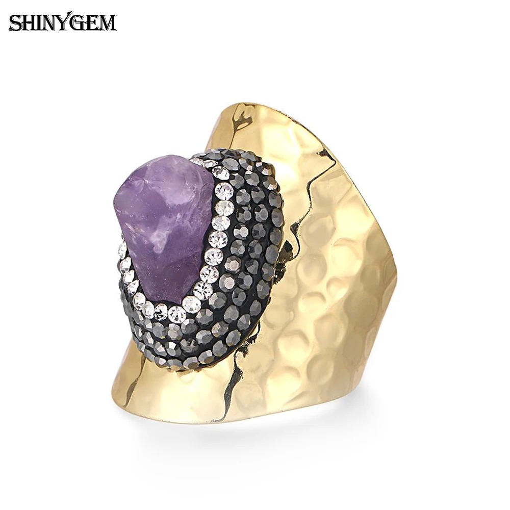 

ShinyGem Gold Plating Irregular Natural Amethyst Druzy Finger Ring Micro Inlay Rhinestone Exaggerated Crystal Rings For Women