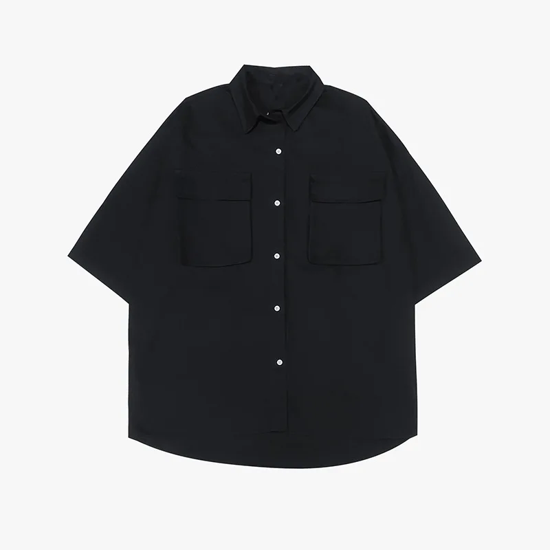 

2021 Summer New Solid Color Shirt Men Thin Fashion Short-sleeved Shirt Casual Loose Multi-mouth Bag Mid-sleeved Coat