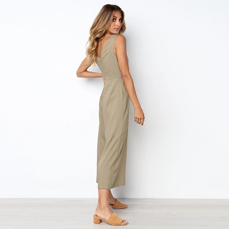 SWEETKAMA Jumpsuits Women Casual Cotton Linen Rompers Womens Jumpsuit Summer V Neck High Waist Wide Leg Jumpsuits White
