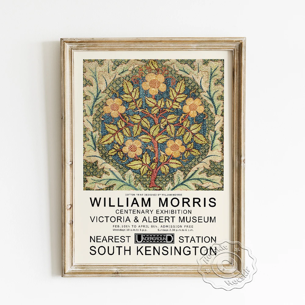 

William Morris Exhibition Museum Retro Poster, Rose Wreath Fabrics Pattern Wall Stickers, Vintage Flower Home Decor Art Prints