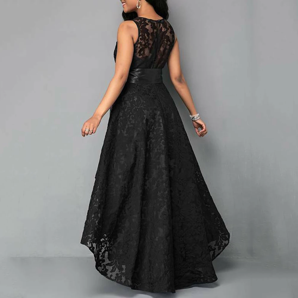 

formal dress Women's solid color sleeveless lace large swing dovetail irregular long dress dress with belt