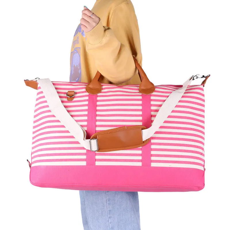 

New Duffle Women Large Capacity Stripe Travel Bags Female Zipper Folding Trip Canvas Bags