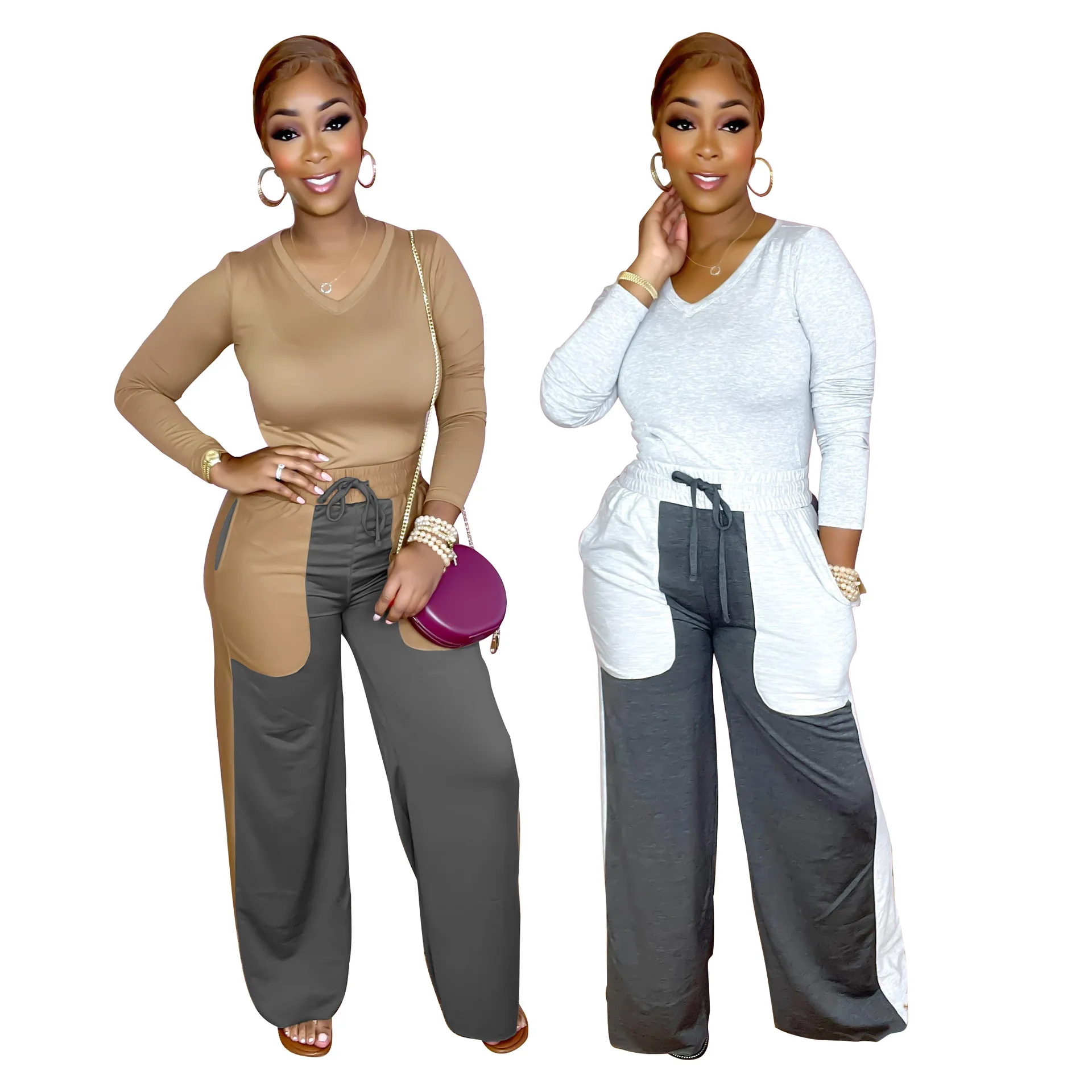 

19YZ1290 Autumn Women Casual Fashion Stitching Elastic Waist V-neck Two Piece Set Top and Pants Tracksuit Sweatsuit Outfits