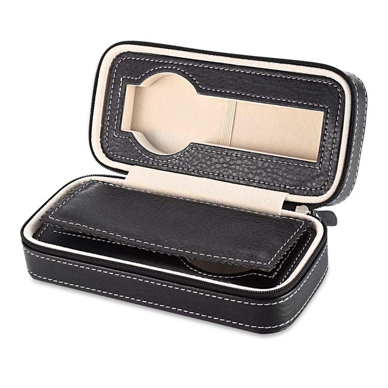 

2 Grids PU Leather Travel Watch Case Zipper Wristwatch Box (Black) & Black Zippered Watches Box (Coffee-4 Slots)