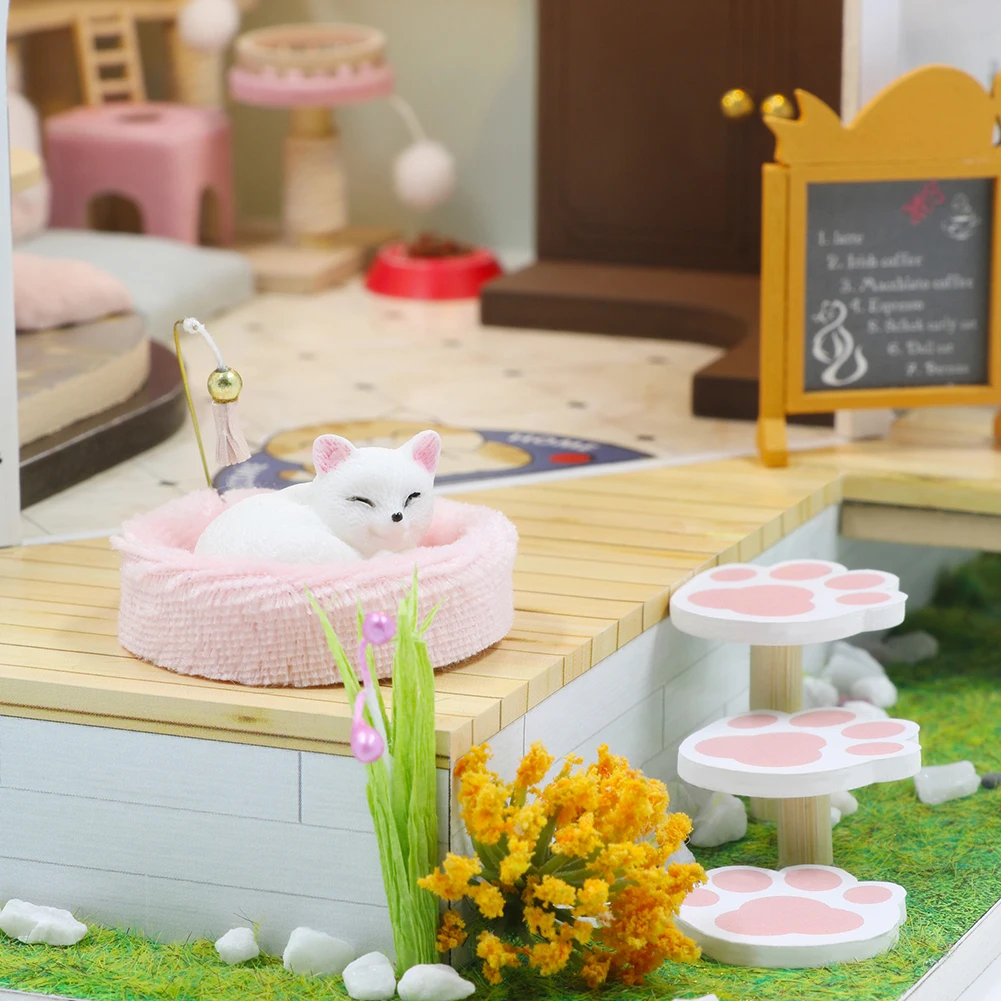 diy wooden dollhouse kits miniature with furniture cute cats coffee home casa dollhouse assembled toys for girls xmas gifts mini free global shipping