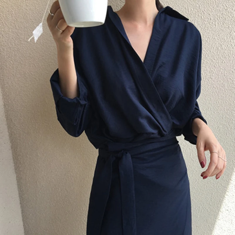 

Women Fall Elegant V Neck Solid Bandage Bodycon Long Shirt Dress Female Solid Plus Size Vestido Long Sleeve Robe Femme clothes