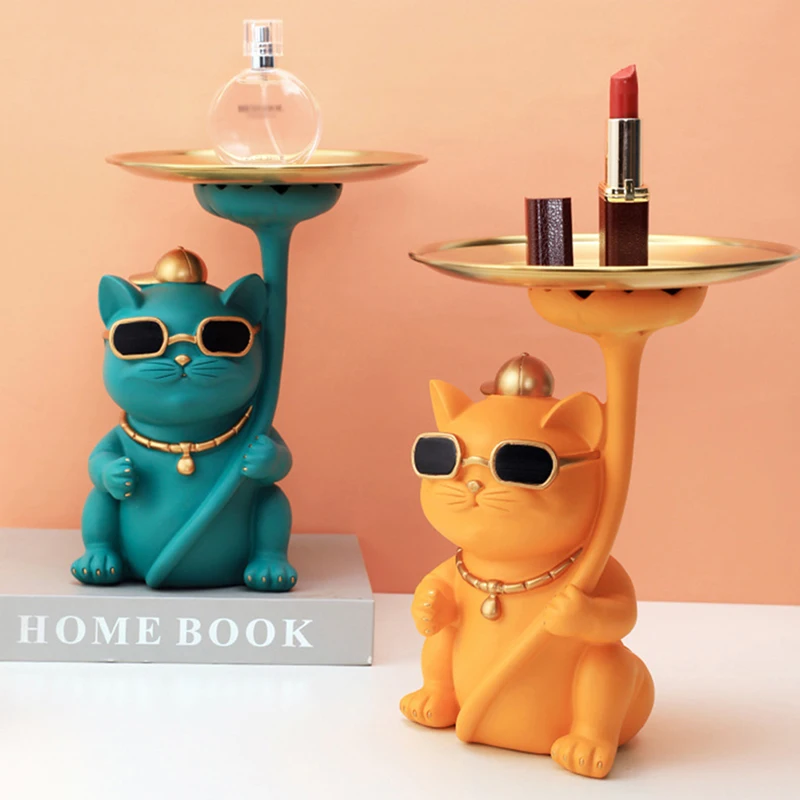 

Resin Bulldog Statue Decorative Dog Cat Figurine Storage Tray Keys Watches Jewelry Holder Modern Art Sculpture Home Decor