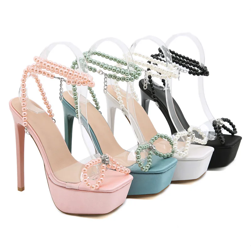 

15cm High-Heeled Sandals Pink Pearl Chain Ankle Platform Heels White Green Summer Butterfly Knot Party Shoes Sandalia Verao