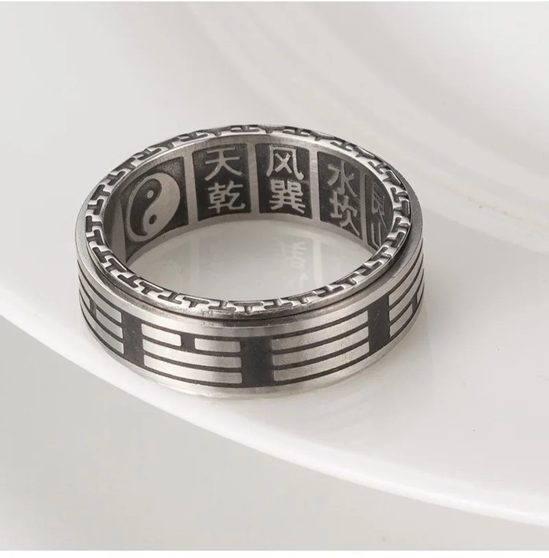 

Chinese Feng Shui Retro Men's Titanium Steel Ring Gossip Yin Yang Tai Chi Ring Unisex Ward Off Evil Spirits Rotatable Jewelry