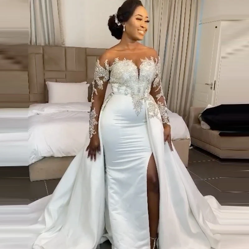 

Charming Aso Ebi Wedding Dresses With Satin Overskirt Slit Bridal Wedding Gowns Plus Size Long Sleeve Crystals Beaded