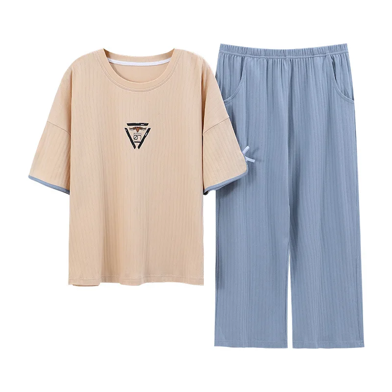 

2021 New Pajamas Women Cotton Korean Thin Short-Sleeve Cropped Trousers Sleepwear Sweet Cute Casual Homewear