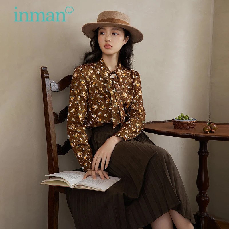 

INMAN Autumn Spring Women's Blouse Pearl Tie Decoration Pastoral Floral Elegant Loose Casual Long Sleeve Women's Top