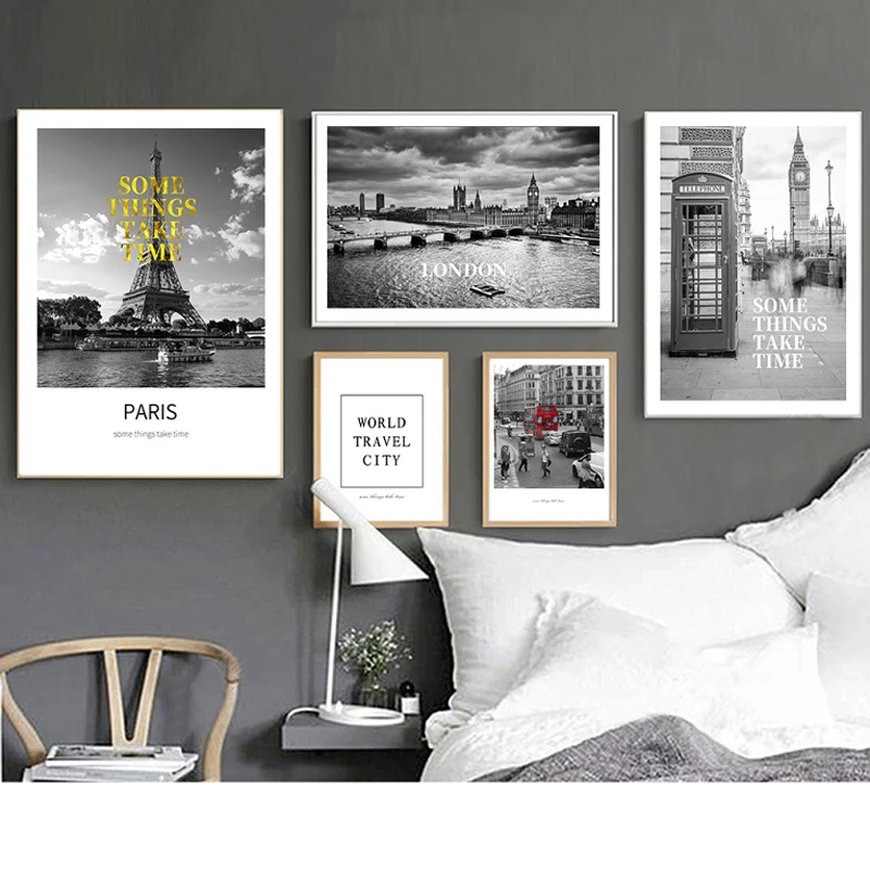 

Canvas Print Black and White World City Paris London New York Poster Landscape Picture Nordic Style Wall Art Home Decor 2-84