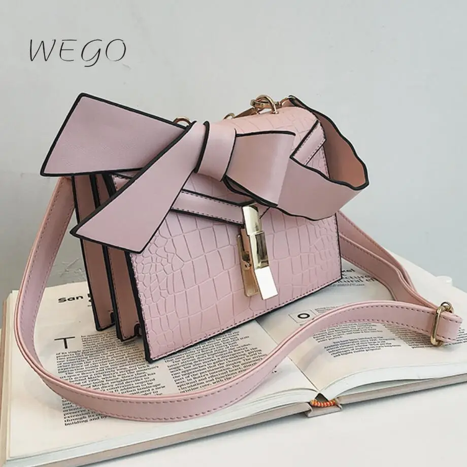 

Female Bow Tote Bag 2020 New Quality PU Leather Women's Designer Elegant Handbag Stone pattern Lock Chain Messenger bag