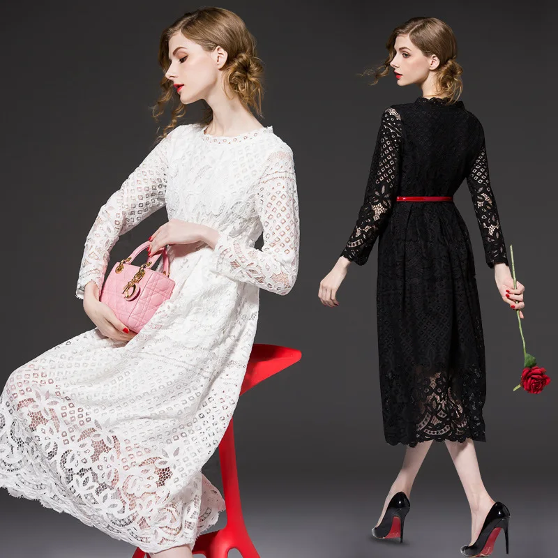 

2020 Europe Clothes Korean Autumn Fashion Plus Size Office Long Sleeves Hollow Elegant White Black Maxi Dress Women