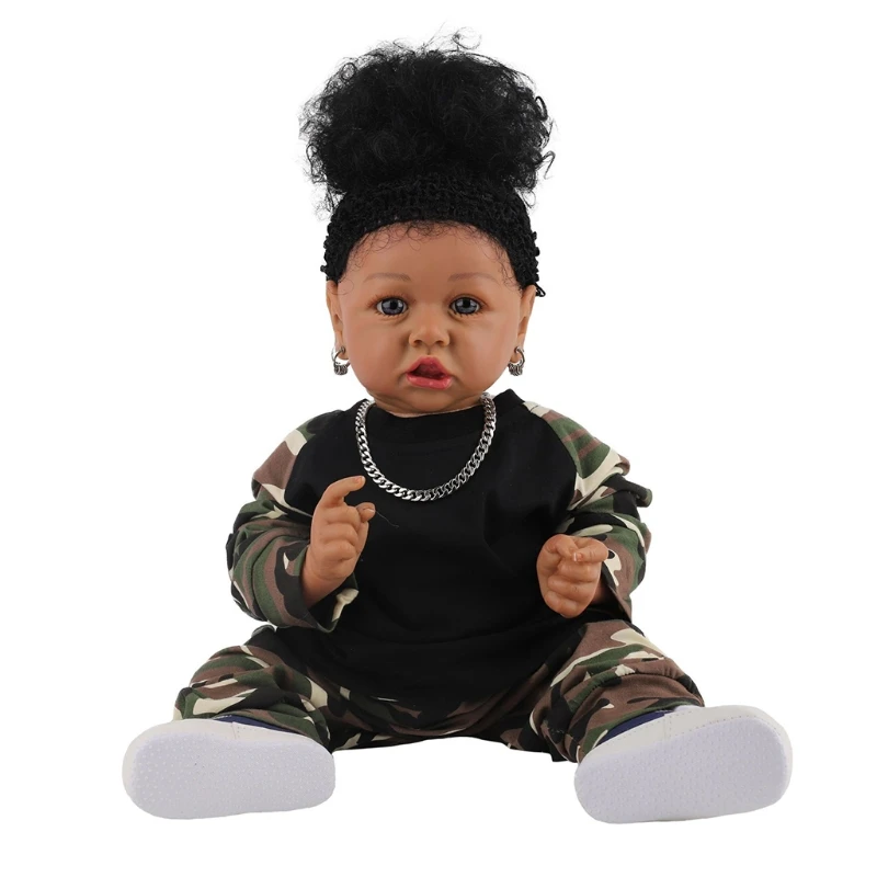 

P15C 23inch Baby Play Doll Washable African Girl Doll Realistic Newborn Doll