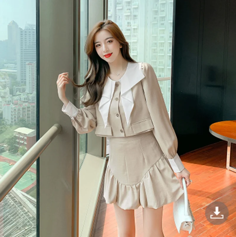 

Fashion Women Outfits Suits 2021 New Autumn Students Peter Pan Collar Long Sleeve Slim Short Coat + Pleated Skirt 2 Pieces Sets