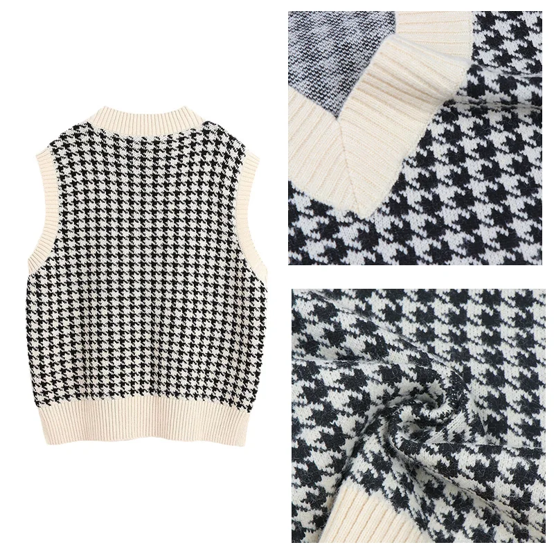 

Women Vintage Houndstooth Sweater Vest Casual V-Neck Sleeveless Pullover Knitted Sweater Vest Chic Loose Autumn Winter Jumper