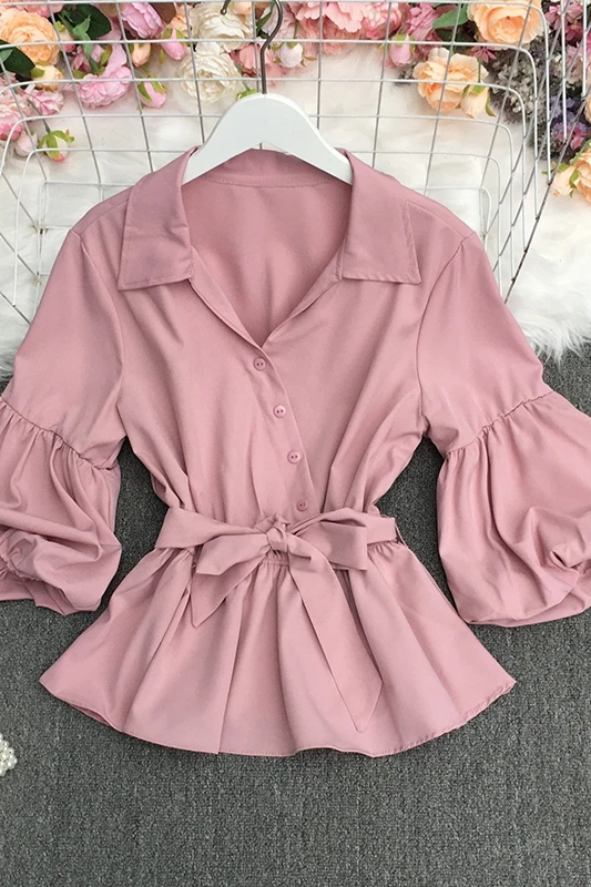 

2021 New Summer Women Fashion versatile turn-down collar Lantern Sleeve Shirt high waist lace up waist solid Shirt Top