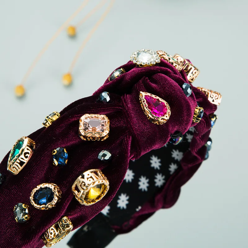 

New Baroque Retro Gold Velvet Sewing Crystal Headband European American Rhinestone Hollow Diamond Headband Hair Accessories