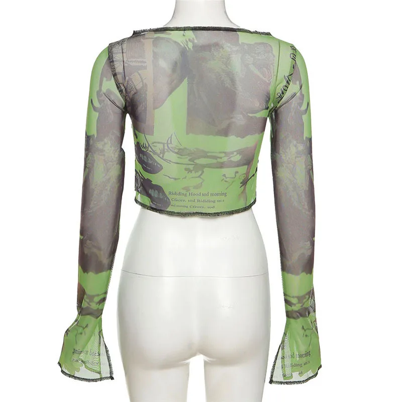 

Autumn New American Print Tops Womens Street Fashion Net Gauze Flared Long Sleeve Navel Sexy Skinny Slim T-Shirt Streetwear