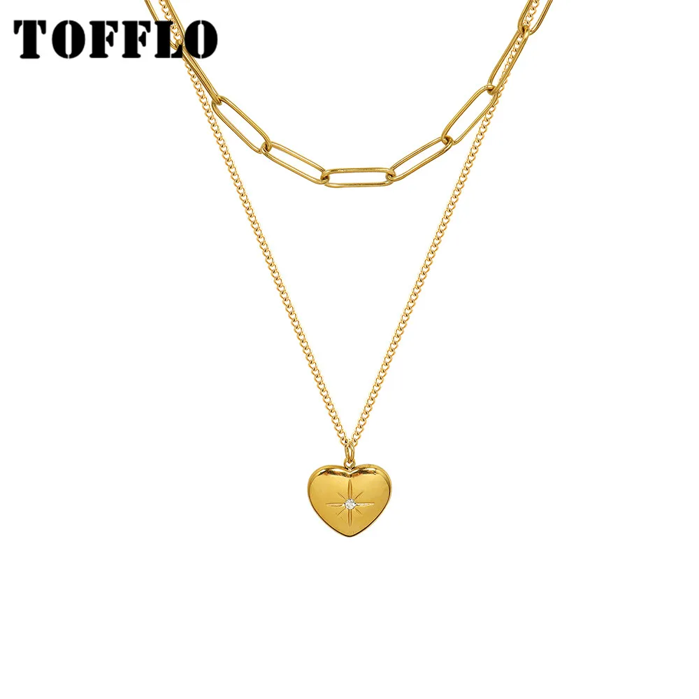 

TOFFLO Stainless Steel Jewelry Double Layered Peach Heart Love Necklace Women's Sweet Zircon Clavicle Chain BSP1079