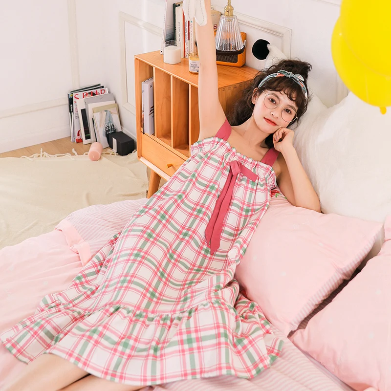 

Casual Negligee Women Clothing Fashion Lingerie Pink Plaid Nightdress Sweet Style Spaghetti Strap Nightgowns Sexy Nightwear